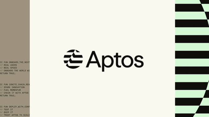 The Aptos logo is displayed in black against a light background, flanked by abstract striped patterns on the left and right edges.