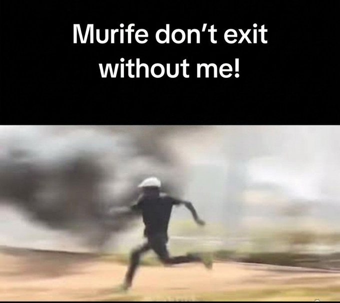The image is a meme featuring a blurry figure sprinting frantically away from a massive dust cloud or explosion, with the caption "Murife don't exit without me!" overlaid at the top in white text. It humorously illustrates the post's point about needing to announce exits with as much enthusiasm as bullish convictions—so followers aren't left chasing dust when a crypto creator suddenly disappears from their positions.