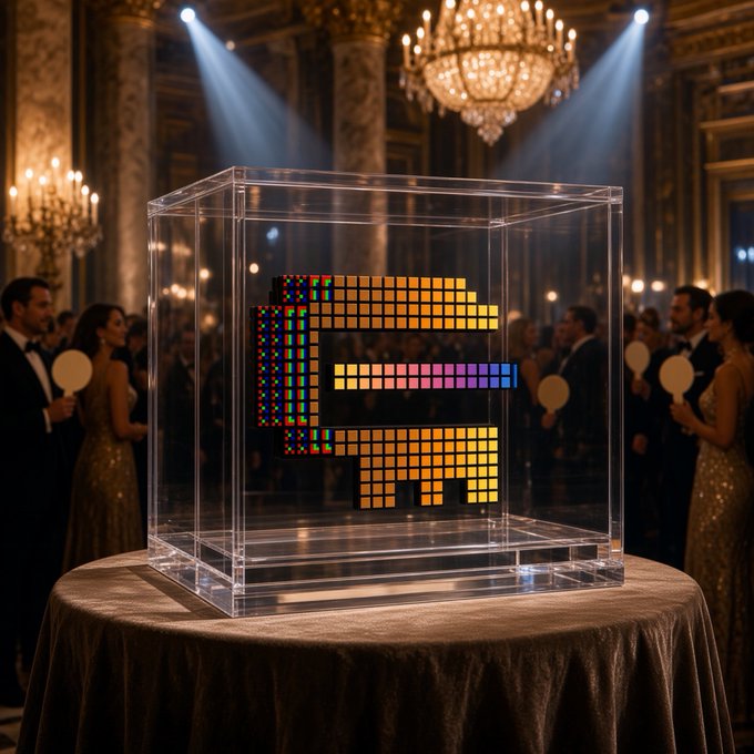 A clear acrylic display case containing a pixelated, colorful Tetris-like block structure sits on a round table in an ornate ballroom, surrounded by formally dressed guests holding circular paddles.