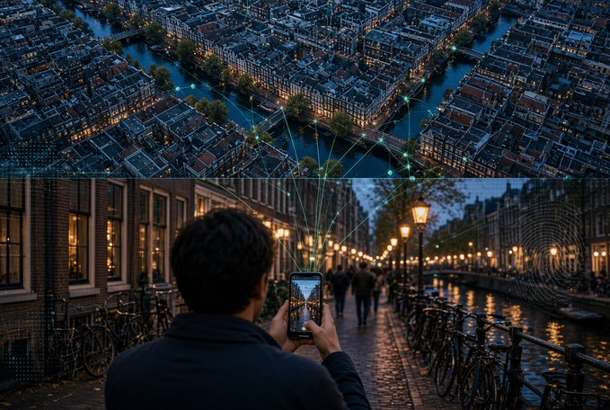 A person stands on a cobblestone street at dusk, holding up a smartphone to photograph the surrounding cityscape, overlaid with digital network graphics and a map view of the city.
