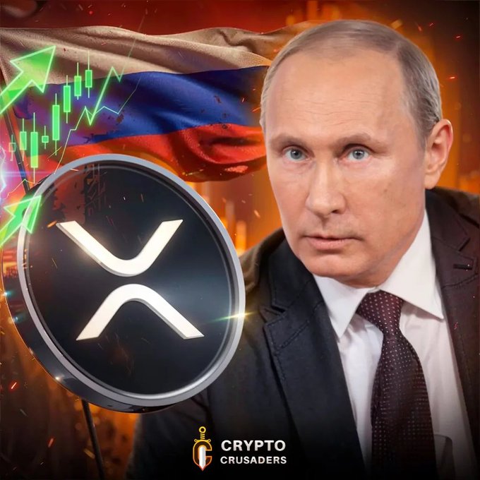 A crypto promotional graphic titled 'CRYPTO CRUSADERS' featuring Vladimir Putin, the Russian flag, the XRP logo in a metallic coin, and green candlestick charts indicating rising prices.
