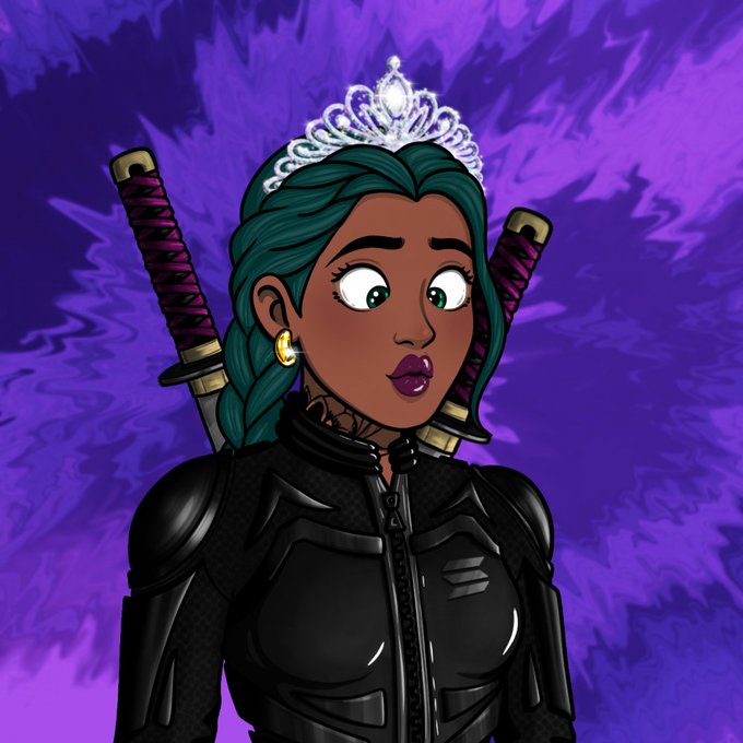 The image features a cartoon girl with green hair wearing black armor, holding two swords and a tiara. She has her eyes closed and looks at something off-camera. The background of the image is purple, which complements the overall color scheme of the outfit. The caption below the image reads "Good morning GM NFT Of The Day @VaultRunners @SolOnChain".
