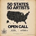 An 'Open Call' poster for '50 States 50 Artists' exhibition, showing a U.S. map with a $5,000 prize and a September 22 deadline.