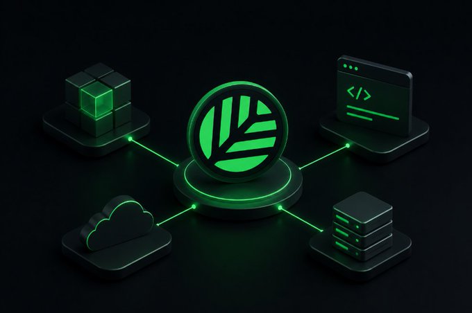 A 3D isometric illustration showing a central green leaf-like logo connected to icons representing blockchain, code, cloud, and server data.