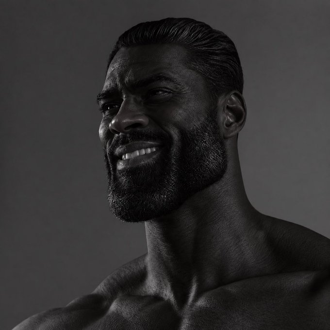 A dramatic black and white photographic portrait of a smiling, shirtless muscular Black man with a beard and slicked-back hair, set against a plain gray background.