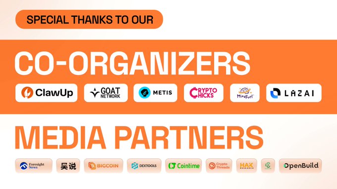 The image displays a sponsor acknowledgment banner with two sections: "CO-ORGANIZERS" (ClawUp, GOAT Network, Metis, Crypto Chicks, Mindfuel, LazAI) and "MEDIA PARTNERS" (Foresight News, 吴说, BIGCOIN, dextods, Cointime, Crypto Times, HAK MEDIA, IC, OpenBuild). The post highlights LazAI among the co-organizers, emphasizing its role in giving builders data ownership over their agents' outputs—visually positioned as a key peer alongside Metis and GOAT rather than just another sponsor.