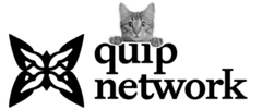 A logo image featuring a stylized butterfly graphic on the left and the text 'quip network' on the right, with a small image of a gray cat above the text.