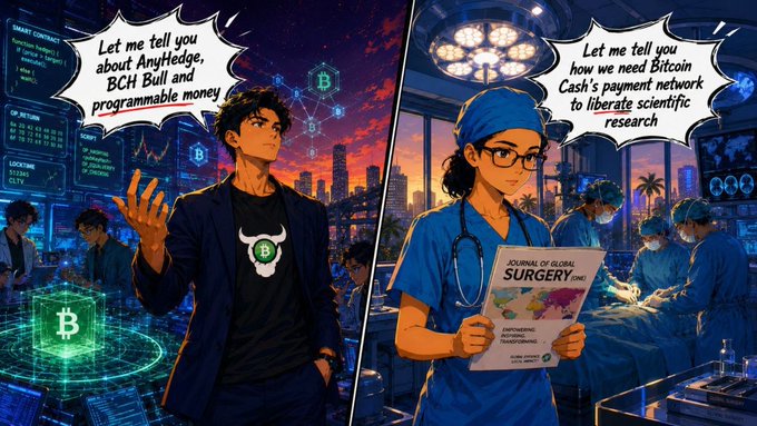 A split anime-style illustration with two characters speaking in speech bubbles—one promoting "AnyHedge, BCH Bull and programmable money" with Bitcoin symbols, and the other explaining "Bitcoin Cash's payment network to liberate scientific research" in a hospital setting.