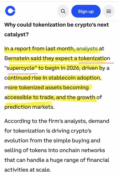 The image features a highlighted article titled "Why could tokenization be crypto's next catalyst?" citing Bernstein analysts who predict a tokenization "supercycle" beginning in 2026. This aligns with the post's thesis that an upcoming supercycle will mark an early end to the bear market, as the highlighted text emphasizes key growth drivers like stablecoin adoption, tokenized assets, and prediction markets fueling crypto's evolution into large-scale onchain financial networks.