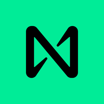 A stylized black 'N' or infinity-like symbol logo on a bright green square background.