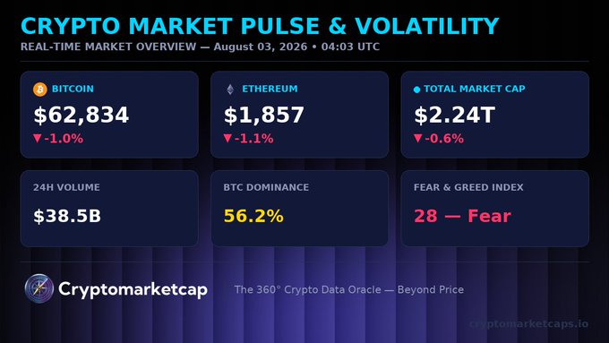 A 'Crypto Market Pulse & Volatility' overview dated August 03, 2026, showing Bitcoin at $62,834 (-1.0%), Ethereum at $1,857 (-1.1%), Total Market Cap at $2.24T, BTC Dominance at 56.2%, and a Fear & Greed Index of 28 (Fear).