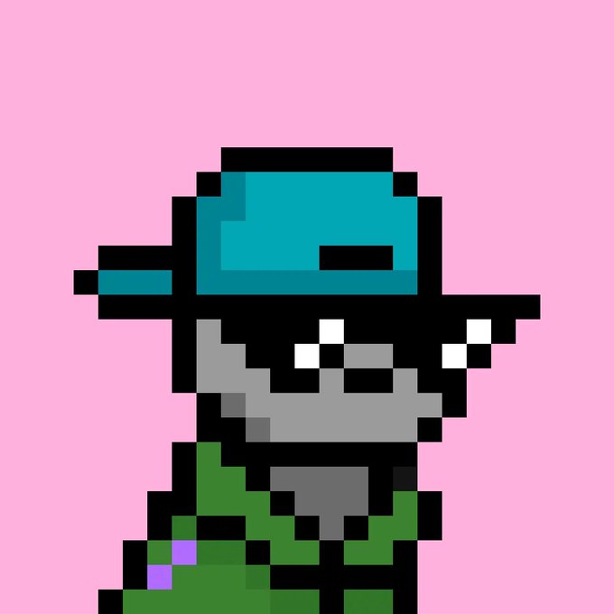 A pixel art image on a pink background depicting a stylized figure with a teal helmet/visor, gray face with pixelated sunglasses or mask, and a green outfit with purple accents.