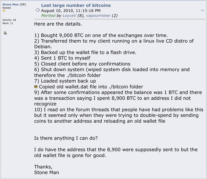 A screenshot of a Bitcoin forum post titled 'Lost large number of bitcoins' by user Stone Man from August 10, 2010, detailing how they lost 9,000 BTC due to a wallet backup error.