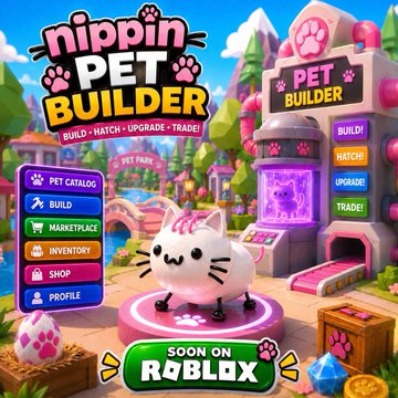 The promotional image showcases "Nippin Pet Builder," an upcoming Roblox game where users can build, hatch, upgrade, and trade digital pets, featuring a cute white cat character and a menu of options including Pet Catalog, Build, Marketplace, Inventory, Shop, and Profile. It visually supports the announcement of the project's Q4 2026 Roblox pet launchpad launch and its commitment to channeling 100% of game income back into the $NIPPIN ecosystem.