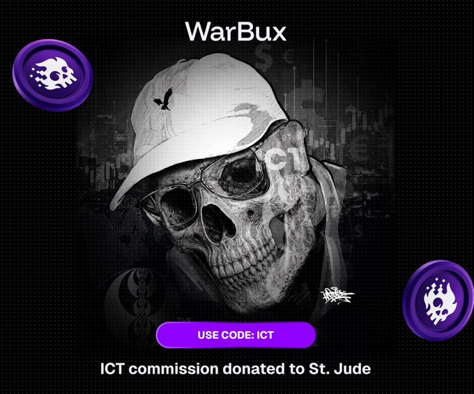 The image features a skull wearing a hat and glasses, with the "WarBux" logo and a purple coin with a skull graphic. The text below states "USE CODE: ICT" and "ICT commission donated to St. Jude."