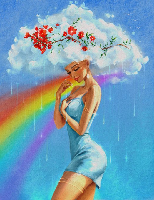 A digital illustration of a woman in a light blue dress with a cloud of flowers blooming from her head, set against a sky background featuring a rainbow and falling rain.
