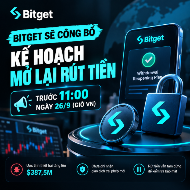 A Bitget cryptocurrency promotional graphic in Vietnamese announcing a withdrawal reopening plan before 11:00 on 9/26 Vietnam time, featuring estimated losses of $387.5M and a note that withdrawals remain suspended pending security review.