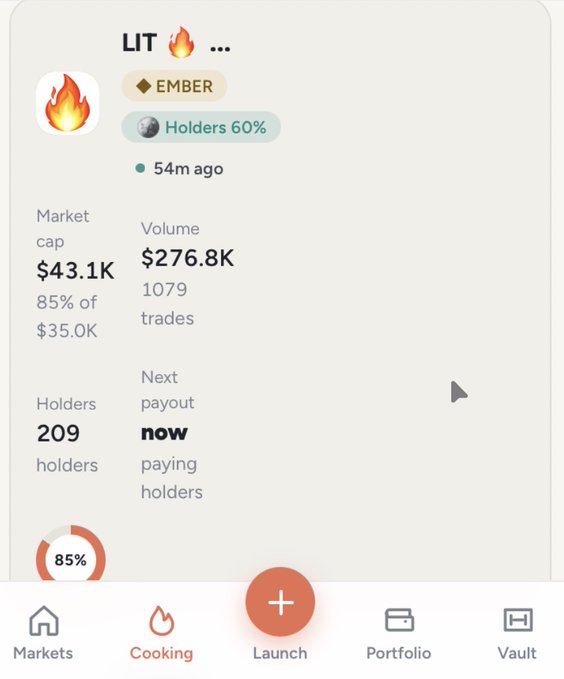 A screenshot from EmberCurve.fun showing the LIT memecoin trending on the #1 "Cooking" page, with 209 holders (60% concentration), $43.1K market cap, $276.8K volume across 1,079 trades, and a payout currently paying holders—matching the post's celebration of LIT's holder ATH and $276K volume milestone.