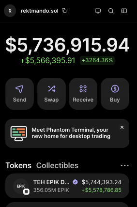 The image shows a Robinhood App wallet screen displaying a balance of **$5,736,915.94** (up **+3,264.36%**), with the **$EPIK** token highlighted showing **TEH EPIK D...** at a value of $5,744,393.24 from a 356.05M EPIK position — visually confirming the post's boast about massive gains on the **$EPIK** duck token, with a popup also promoting Phantom Terminal as a new desktop trading home.