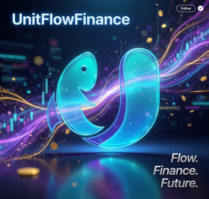 A promotional graphic for "UnitFlowFinance" featuring a glowing blue neon "U" logo against a colorful financial chart background, with the tagline "Flow. Finance. Future." and a "Follow" button in the corner.