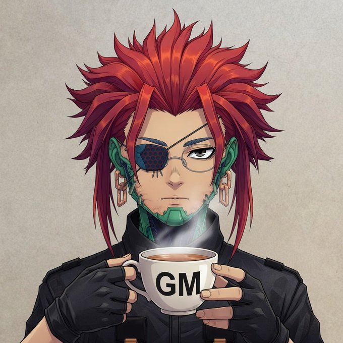 A cyberpunk character with wild red spiky hair, an eye patch, and green cybernetic implants drinks from a white mug labeled "GM," visually echoing the post's "GM fam" greeting while embodying its futuristic, onchain AI sovereignty theme.