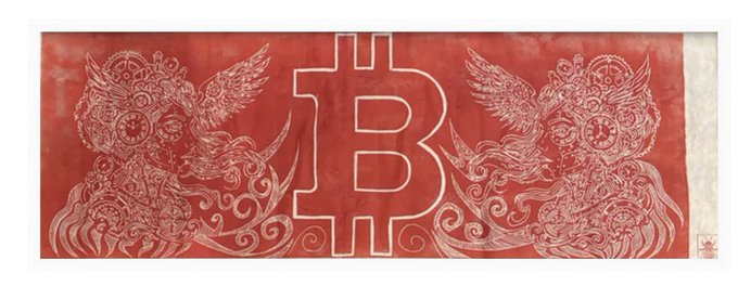 A decorative red banner features the Bitcoin symbol "₿" flanked by two ornate, owl-like creatures with wings spread, embodying the spirit of cryptocurrency. The intricate white line-art design on a distressed red background reflects the artistic acquisition purchased at Midwest Bitcoin.
