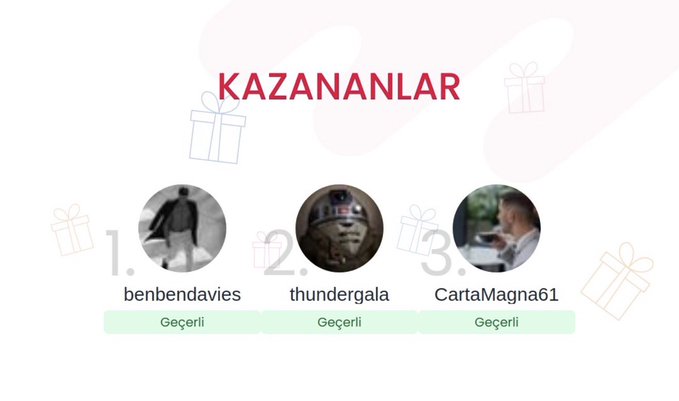 The image displays a giveaway winner announcement with the Turkish title "KAZANANLAR" (meaning "Winners"), featuring three winners in a 1-2-3 ranking: 1. benbendavies, 2. thundergala, and 3. CartaMagna61, all marked as "Geçerli" (Valid/Verified).

The graphic relates to the post by visually confirming the winner selection from the Simpliers.com giveaway, aligning with the congratulatory message and hint at a future giveaway ("a new one is on the way").