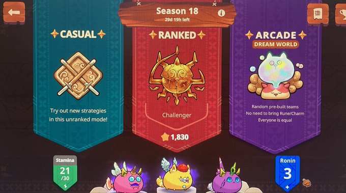 A menu screen from the game Rune Slayer displaying three game mode banners: "CASUAL," "RANKED" (Season 18, Challenger rank with 1,830 stars), and "ARCADE Dream World," along with character avatars and stamina information at the bottom.