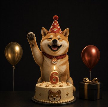 An AI-generated image of a smiling Shiba Inu dog wearing a red party hat, sitting behind a birthday cake with a '6' candle, flanked by gold and red balloons and a gift box.