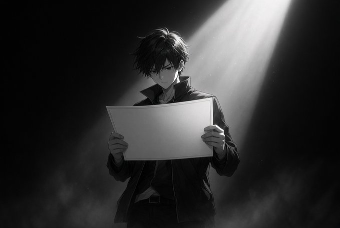 A black and white anime-style illustration depicts a young man with dark hair holding a blank rectangular board, illuminated by a single dramatic spotlight against a dark, smoky background.