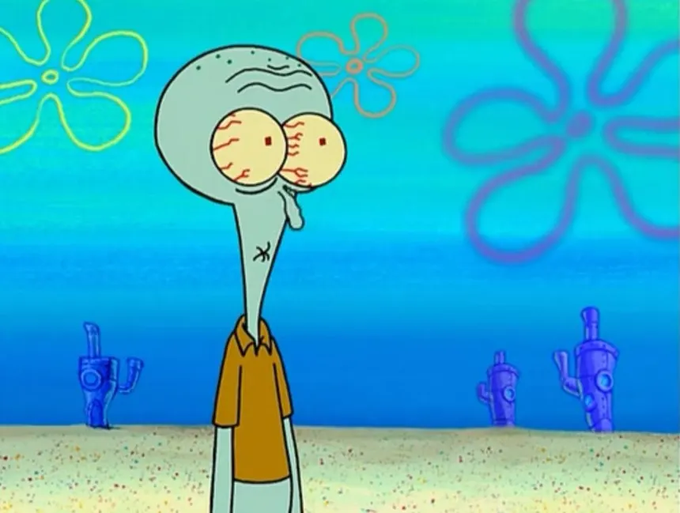 A cartoon character, likely Spongebob Squarepants or Patrick Star, stands in a sandy area with blue water behind him. The character has a sad expression as he looks off into the distance. In the background, there are two more characters - one on the left side and another on the right side of the image. The post reads: "The @jup_mobile understand what's going on lol we are all about to crash out".