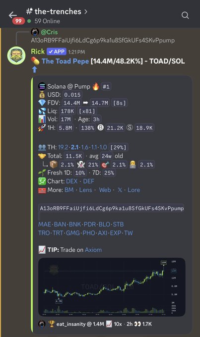 A Discord post in the #the-trenches channel shows a Rick-styled screenshot highlighting "The Toad Pepe" token on Solana, displayed with a market cap of 14.4M/48.2K and a 138% gain in the past hour, reflecting the user's massive gains and ongoing hold on their position.