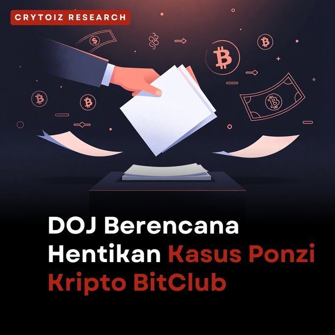 Crypto research graphic titled 'CRYTOIZ RESEARCH' with text in Indonesian: 'DOJ Berencana Hentikan Kasus Ponzi Kripto BitClub', showing an illustrated hand dropping a ballot into a box surrounded by Bitcoin symbols.