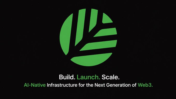 A green circular logo resembling a stylized leaf or network appears on a black background, with the tagline "Build. Launch. Scale." and the subtext "AI-Native Infrastructure for the Next Generation of Web3" beneath it—visually representing Canopy Network's positioning as infrastructure that simplifies running AI-powered apps on blockchain.