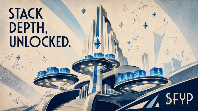 A stylized illustration with the text 'STACK DEPTH, UNLOCKED.' showing a futuristic blue and white cityscape with floating diamonds and cryptocurrency stacking imagery, branded with '$FYP'.