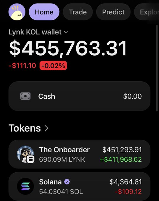 A screenshot of a "Lynk KOL wallet" showing a total balance of $455,763.31, with $451,293.91 held in "The Onboarder" token (690.09M LYNK) up $411,968.62, and $4,364.61 in Solana (54.03041 SOL) down $109.12, visually supporting the post's claim of a $450K airdrop budget being distributed to key opinion leader wallets.