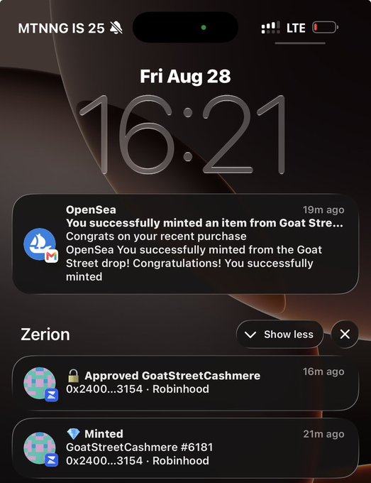 A screenshot of an iPhone lock screen showing the time as 16:21 on Friday, August 28, with notifications from OpenSea and Zerion about minting and approving a 'GoatStreetCashmere' NFT.