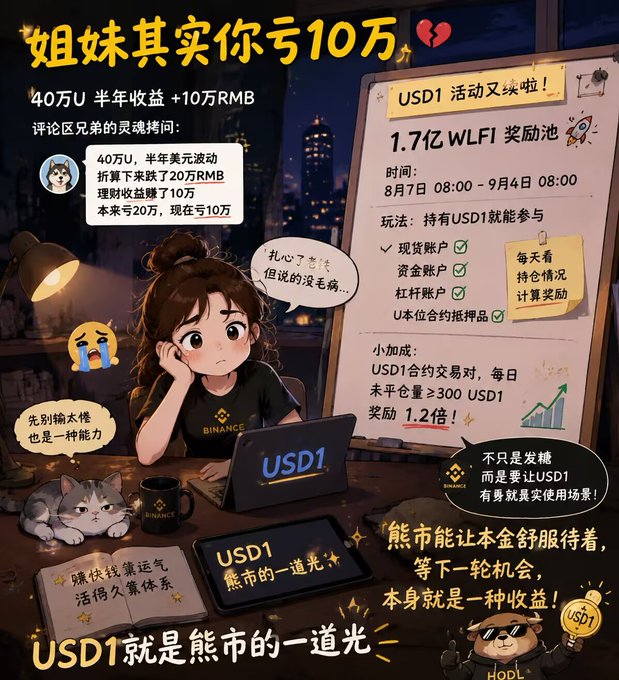 A Chinese-language promotional graphic for a Binance USD1 WLFI airdrop event featuring an anime-style illustration of a distressed girl at a computer, with details about rewards and dates.