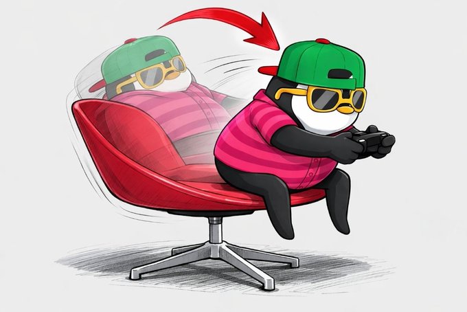 A cartoon penguin wearing a green cap, yellow sunglasses, and pink striped shirt spins around in a red chair while holding a game controller.
