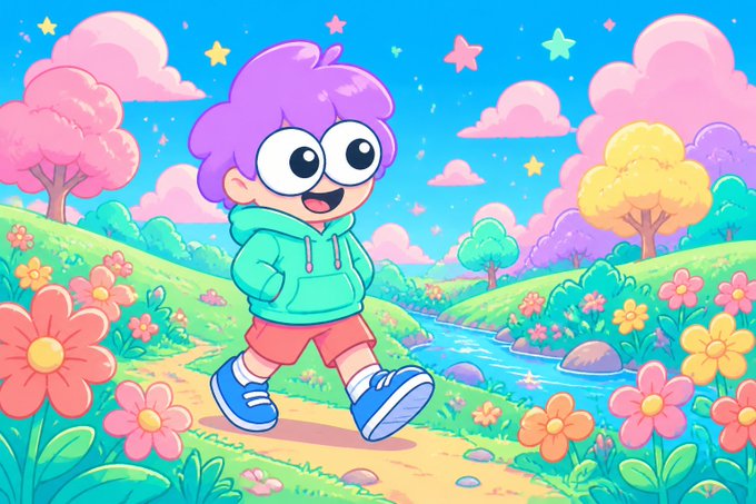 A colorful cartoon illustration of a character with purple hair and a green hoodie happily walking on a dirt path through a vibrant meadow filled with flowers, trees, and a stream under a starry sky.