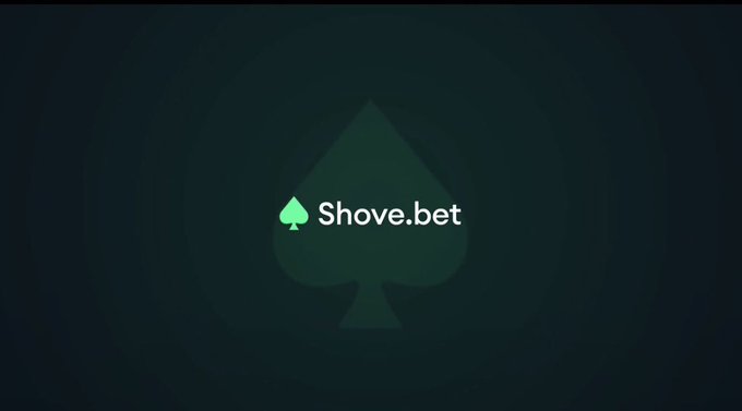 A minimalist logo design featuring a green spade symbol and the text 'Shove.bet' in white on a dark teal background, with a larger faint spade watermark behind it.
