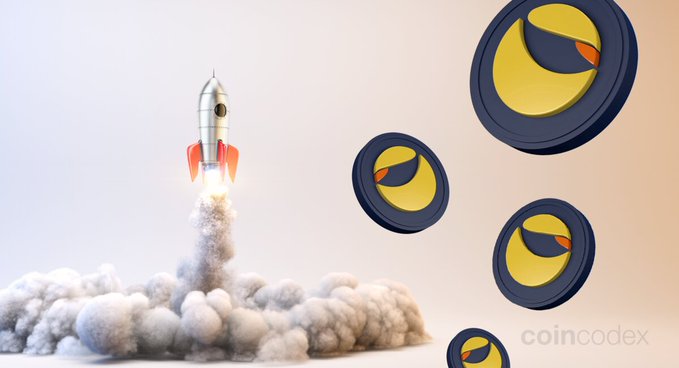 The image features a rocket launching into space, with smoke coming out of its nose. The rocket is positioned above a group of coins scattered around the scene. The caption reads "People laughed at $LUNC holders. Now they'r asking why volume is rising." This phrase seems to be related to the content of the post about the coins and their value.