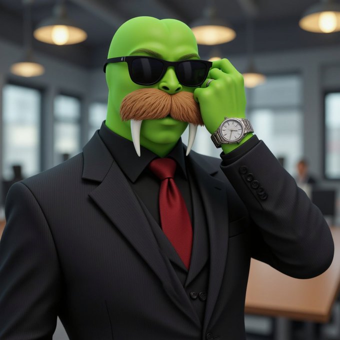 A 3D-rendered character with green skin, sunglasses, and a brown mustache with tusks, wearing a black suit with a red tie and silver watch, posing in a modern office.