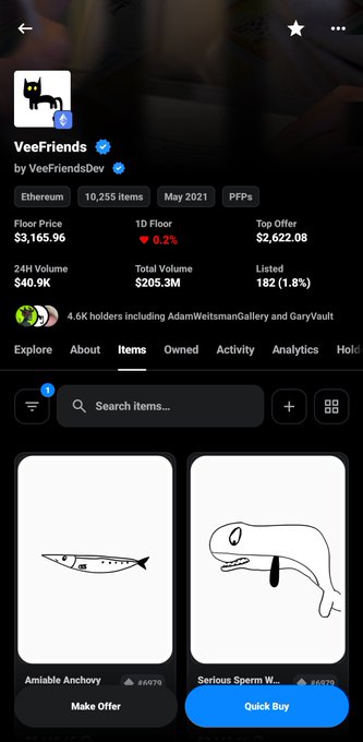 A screenshot of an NFT marketplace page for 'VeeFriends' by VeeFriendsDev, showing a floor price of $3,165.96 and listings including 'Amiable Anchovy' and 'Serious Sperm Whale'.