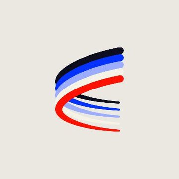 A stylized abstract logo composed of curved blue, black, and red brush strokes arranged in a stacked, wave-like pattern on a light background.