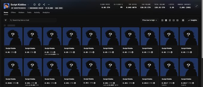 The image shows the "Script Kiddies" NFT collection page on a marketplace, displaying grid listings with mystery character silhouettes priced between 0.05 and 0.3617 ETH. The accompanying caption highlights the project's price range from 0.001 to 0.12 ETH (~2x to 120x ROI), noting the current 0.05 ETH price aligns with the listings shown.