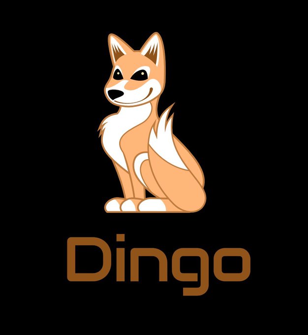A logo featuring a cartoon dingo dog illustration in tan and white above the word 'Dingo' in orange text on a black background.