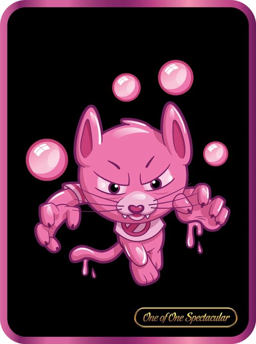 A digital trading card illustration of a pink cartoon cat with fangs and claws extended, labeled 'One of One Spectacular' at the bottom on a black background with a pink border.
