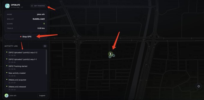 A screenshot of the OpenLifE v2 dashboard showing a pending GPS upload for user 'joker.edh' with a wallet balance of 0x6B6...3ab5, arrows pointing to the 'SET PENDING' button, 'Stop GPS' button, and location pins on a dark map.