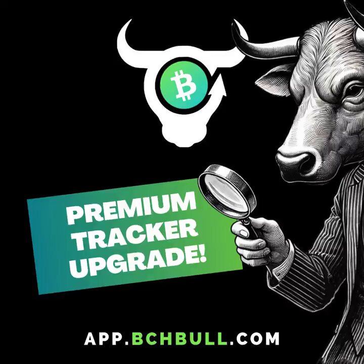 The image features an illustration of a man dressed as a bull, holding a magnifying glass over his head with a bull's eye design. The background of the image is black, making the white bull's eye stand out prominently. Below this image, there is text that reads "Premium Tracker Upgrade!" and "BCH Bull.com". This suggests that the man in the illustration could be promoting an upgrade for premium tracking services or a new feature related to bulls.
